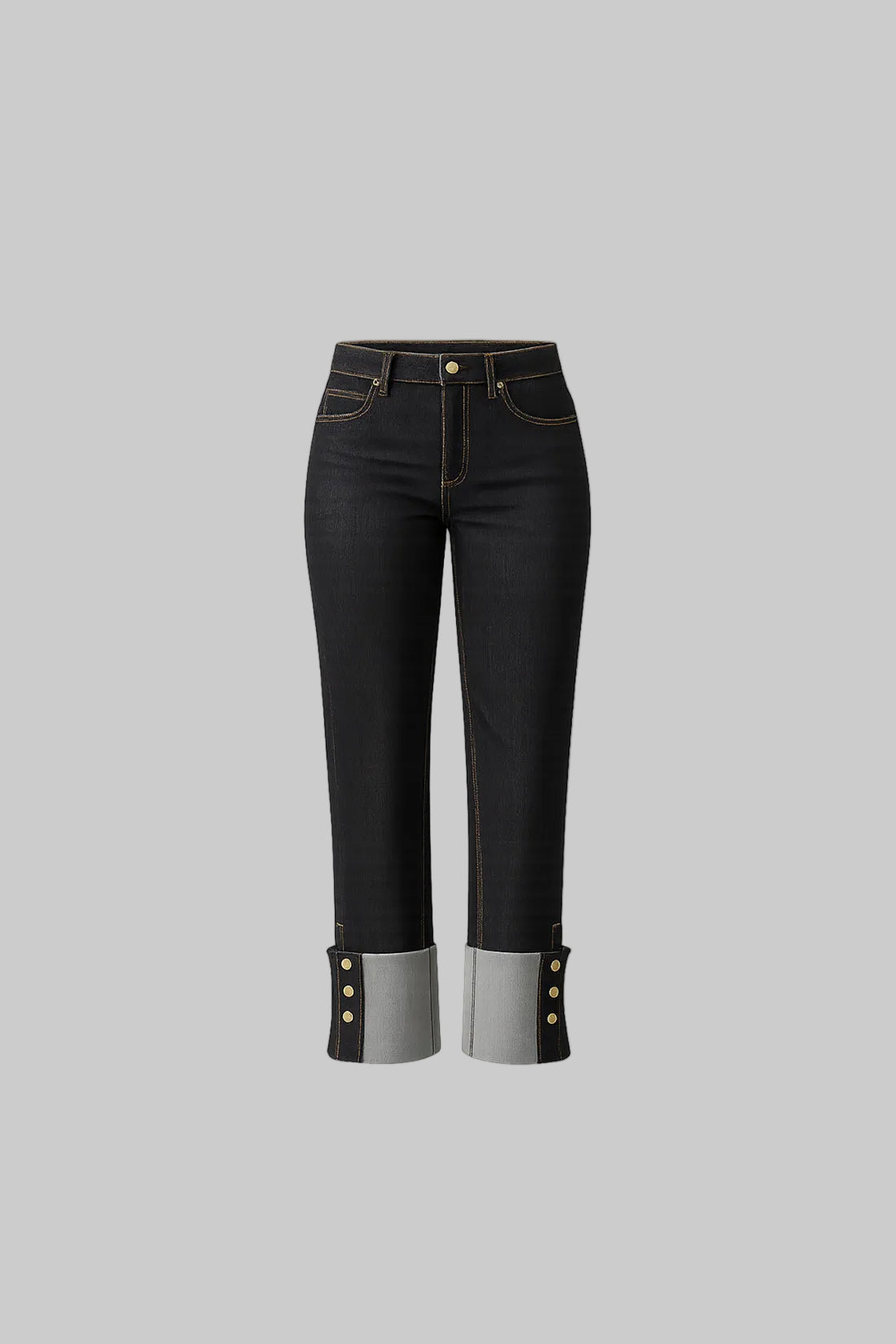 Black jeans with gray cuffs on a white background