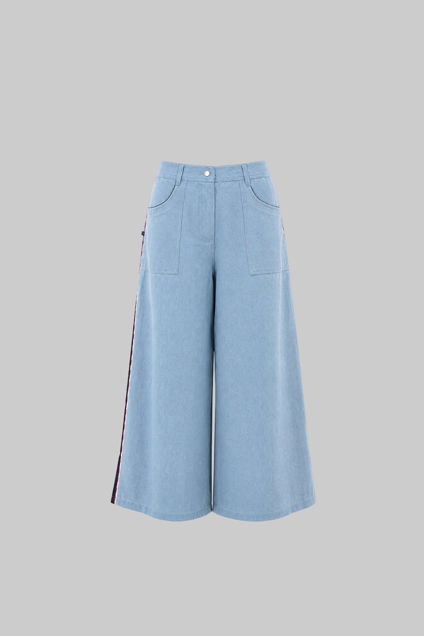 Light blue wide-leg pants on a light gray background