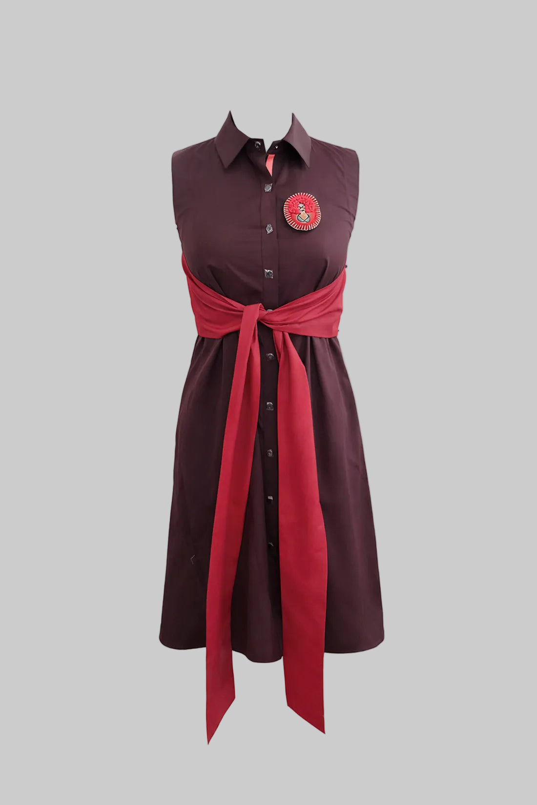  Burgundy dress with a magenta belt on a white background