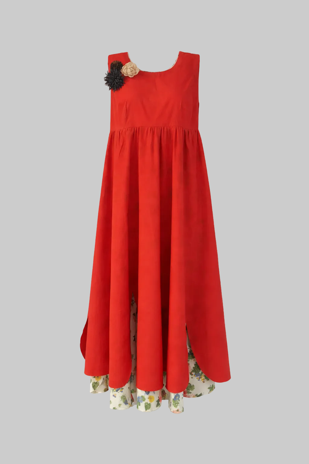 Red dress with floral details on a white background