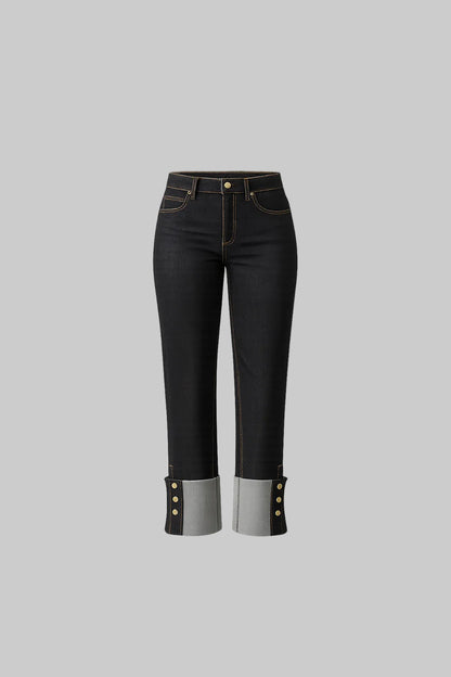 Black jeans with gray cuffs on a white background